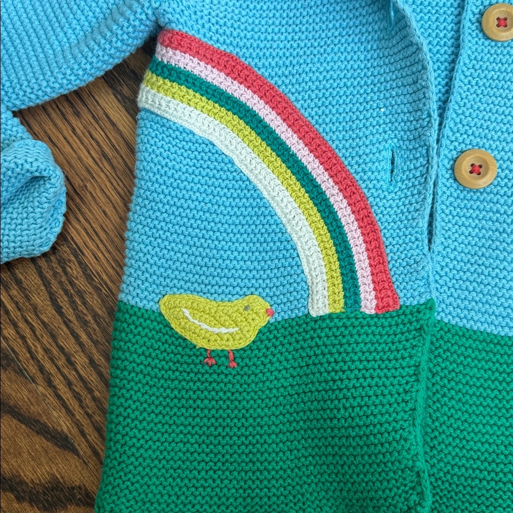 Baby Boden Blue Knit Hooded Cardigan jacket with spring animal farm embroidery - Picture 3 of 8
